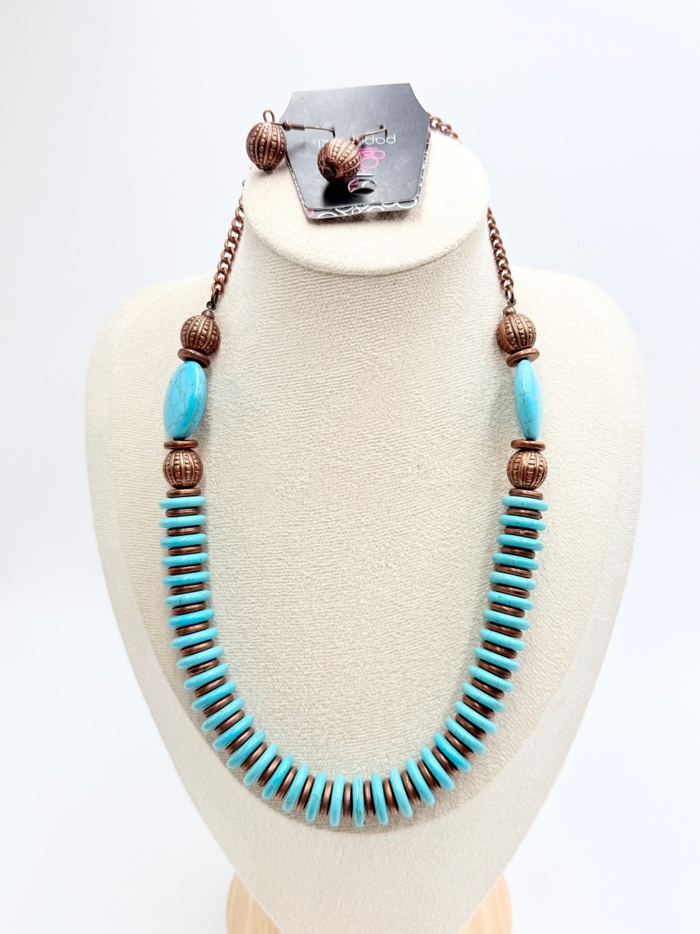 NWT Paparazzi Turquoise Blue Beaded Necklace & Earrings Set Copper Tone